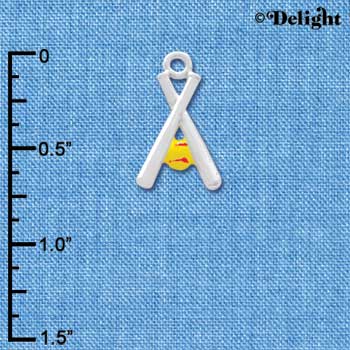 C4157+ tlf - Silver Pair of Crossed Bats with Enamel Softball - Silver Plated charm