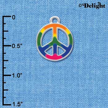 C4188 tlf - Large Rainbow Colored Peace Sign - Silver Plated Charm