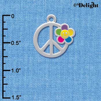 C4189 tlf - Large Multicolored Daisy on Peace Sign - Silver Plated Charm