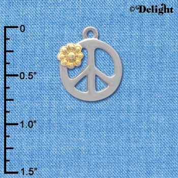 C4190 tlf - Large Silver Peace Sign with Gold Daisy and Swarovski Crystal - Im. Rhodium & Gold Plated Charm