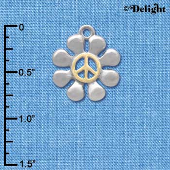 C4191 tlf - Large Silver Daisy with Gold Peace Sign - Im. Rhodium & Gold Plated Charm