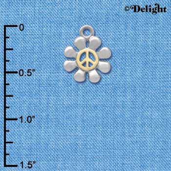 C4192 tlf - Small Silver Daisy with Gold Peace Sign - Im. Rhodium & Gold Plated Charm
