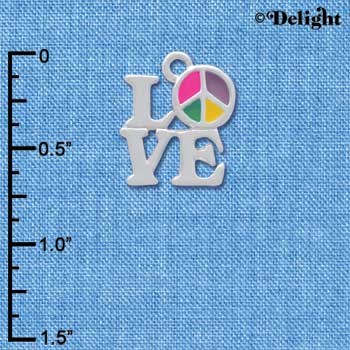 C4212 tlf - Love with Translucent Multicolored Peace Sign - Silver Plated Charm