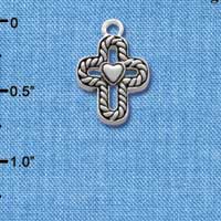 C1307 - Cross with Rope Border and Heart - Silver Charm