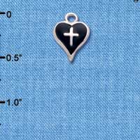 C1512 - Black Enamel Heart with Silver Cross - Silver Charm