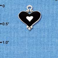 C2919+ - Black and White Enamel Heart Charm - Silver Charm