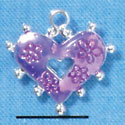 C2932+ - 2 Sided Hot Purple Enamel Heart with Flowers - Silver Charm