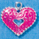 C2933+ - 2 Sided Hot Pink Enamel Swirl Heart with Beaded Border - Silver Charm