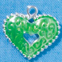 C2935+ - 2 Sided Lime Green Enamel Swirl Heart with Beaded Border - Silver Charm