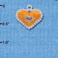 C2937+ - 2 Sided Hot Orange Enamel Swirl Heart with Beaded Border - Silver Charm