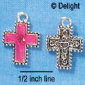 C2972+ - Hot Pink Resin Cross with Beaded Border & Swarovski Crystal - Silver Charm