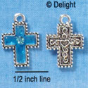 C2974+ - Blue Resin Cross with Beaded Border & Swarovski Crystal - Silver Charm