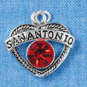 C2988 - San Antonio Open Heart with Red Swarovski Crystal - Silver Charm