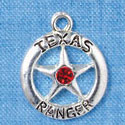 C3005 - Texas Ranger Badge with Red Swarovski Crystals - Silver Charm