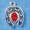 C3082 - Silver Horseshoe with Large Oval Red Swarovski Crystal - Silver Charm