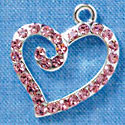 C3138 - Pink Swarovski Curled Heart - Silver Charm (Left and Right)