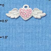 C3155 - Pink Swarovski Crystal Heart with Silver Textured Wings - Silver Charm