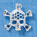 C3162 - Silver Skull and Crossbones with Sapphire Blue Swarovski Crystals - Silver Charm