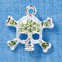 C3163 - Silver Skull and Crossbones with Peridot Green Swarovski Crystals - Silver Charm