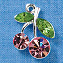 C3165 - Pink Swarovski Cherries with Peridot Swarovski Leaves - Silver Charm