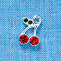 C3173 - Mini Red Swarovski Cherries with Emerald Swarovski Leaves - Silver Charm