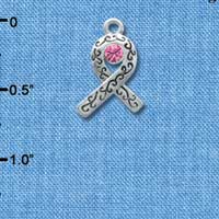 C3273 - Silver Ribbon with Scrollwork & Pink Swarovski Crystal - Silver Charm ( 6 charms per package)