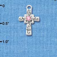 C3305 - Silver Scroll Cross with Pink Swarovski Crystal - Silver Charm