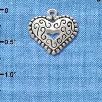 C3349+ - Large Antiqued Silver Heart with Swirls and Beaded Border - 2 Sided - Silver Charm