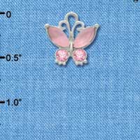 C3491 tlf - Butterfly with Frosted Pink Resin Wings & Pink Swarovski Crystals - Im. Rhodium Charm