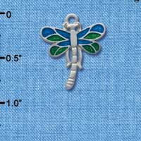 C3821 tlf - Dragonfly with Translucent Green & Blue Wings - Silver Charm