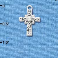 C3293 - Silver Ribbon with Scrollwork & Clear Swarovski Crystal - Silver Charm