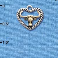 C4068 tlf - Gold Longhorn in Silver Rope Heart - Im. Rhodium and Gold Plated Charm