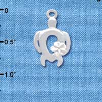 C4096 tlf - Open Sea Turtle with Pearl White Plumeria Flower - Silver Plated Charm
