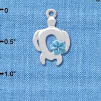 C4099 tlf - Open Sea Turtle with Pearl Blue Plumeria Flower - Silver Plated Charm