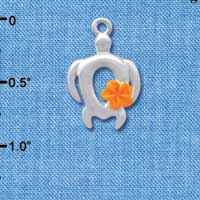 C4101 tlf - Open Sea Turtle with Hot Orange Plumeria Flower - Silver Plated Charm
