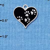 C4144+ tlf - Black Enamel Heart with Silver Paw Prints - Silver Plated Charm
