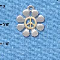 C4191 tlf - Large Silver Daisy with Gold Peace Sign - Im. Rhodium & Gold Plated Charm