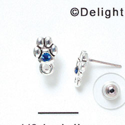 F1116 - Mini Silver Paw with Blue Swarovski Crystal with Loop - Post Earrings (1 pair per package)