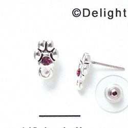 F1118 - Mini Silver Paw with Purple Amethyst Swarovski Crystal with Loop - Post Earrings (1 pair per package)