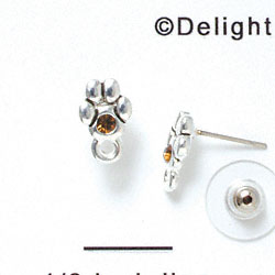 F1120 - Mini Silver Paw with Yellow Swarovski Crystal with Loop - Post Earrings (1 pair per package)