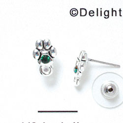F1121 - Mini Silver Paw with Emerald Green Swarovski Crystal with Loop - Post Earrings (1 pair per package)