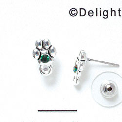 F1121 - Mini Silver Paw with Emerald Green Swarovski Crystal with Loop - Post Earrings (1 pair per package)