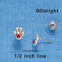F1123 - Mini Silver Paw with Red Swarovski Crystal - Post Earrings (1 pair per package)