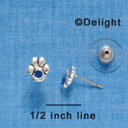 F1124 - Mini Silver Paw with Blue Swarovski Crystal - Post Earrings (1 pair per package)