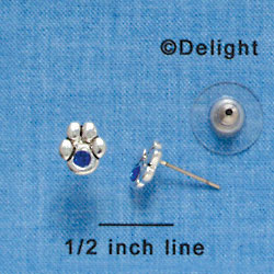 F1124 - Mini Silver Paw with Blue Swarovski Crystal - Post Earrings (1 pair per package)