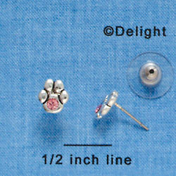 F1125 - Mini Silver Paw with Light Pink Swarovski Crystal - Post Earrings (1 pair per package)