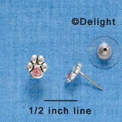 F1125 - Mini Silver Paw with Light Pink Swarovski Crystal - Post Earrings (1 pair per package)