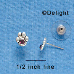 F1126 - Mini Silver Paw with Purple Amethyst Swarovski Crystal - Post Earrings (1 pair per package)