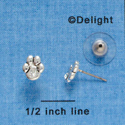 F1127 - Mini Silver Paw with Clear Swarovski Crystal - Post Earrings (1 pair per package)
