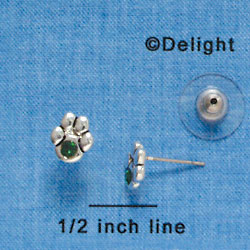 F1129 - Mini Silver Paw with Emerald Green Swarovski Crystal - Post Earrings (1 pair per package)